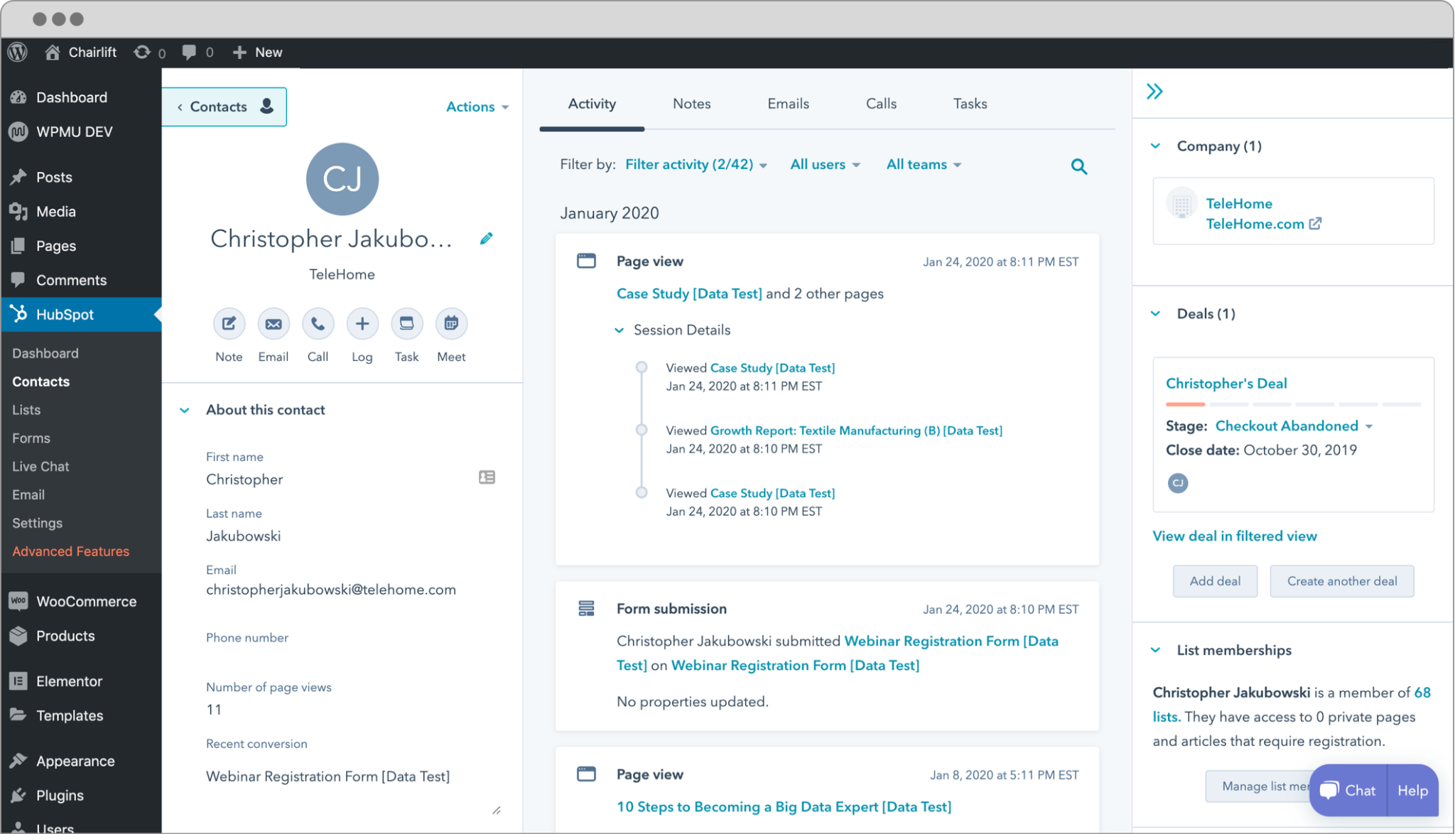 Interface réelle de HubSpot Smart CRM affichant l’historique d’un contact